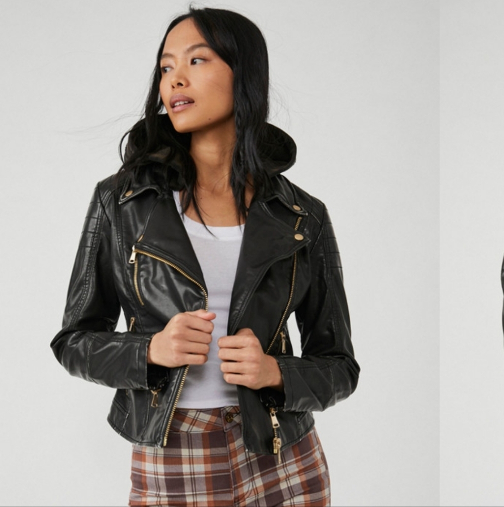 We The Free Black Leather Jacket with Gold Accents